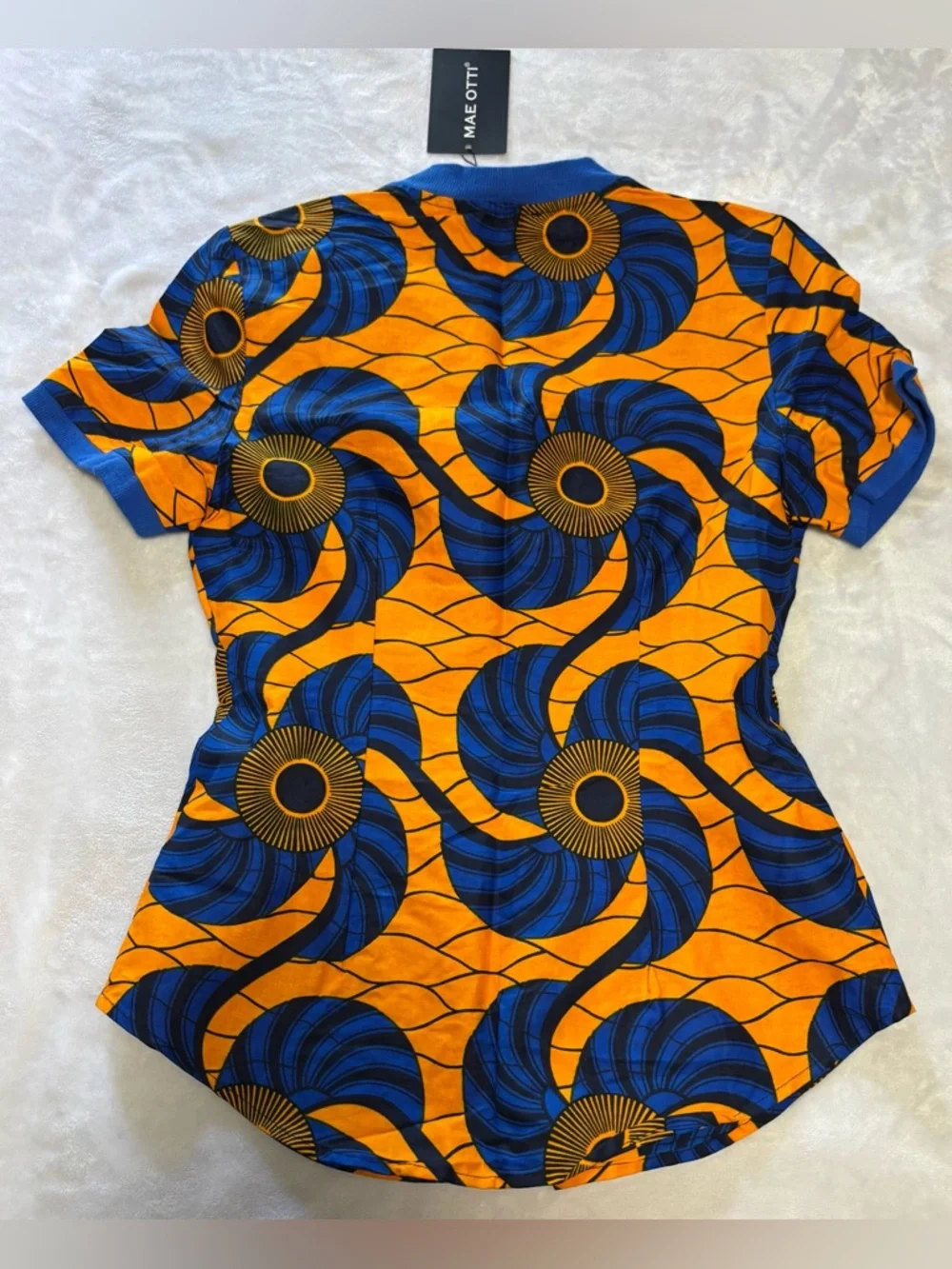 NWT Mae Otti Ankara African Wax Print Polo Top Blue Orange Small - Picture 5 of 10